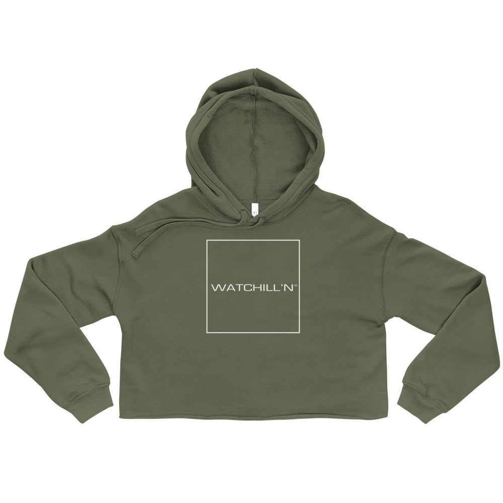 Watchill'n 'Square' Logo - Women's Cropped Fleece Hoodie (White) - Watch Hill RI t-shirts with vintage surfing and motorcycle designs.
