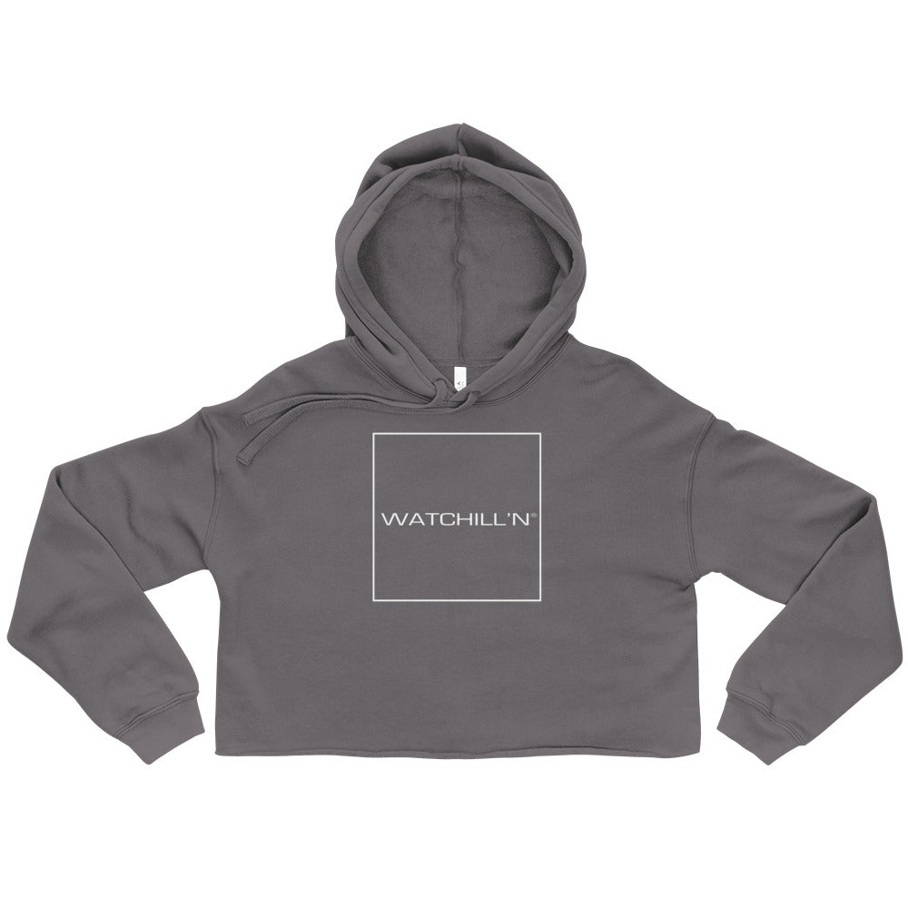 Watchill'n 'Square' Logo - Women's Cropped Fleece Hoodie (White) - Watch Hill RI t-shirts with vintage surfing and motorcycle designs.