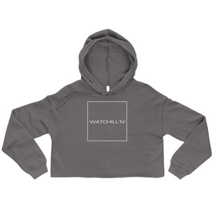 Watchill'n 'Square' Logo - Women's Cropped Fleece Hoodie (White) - Watch Hill RI t-shirts with vintage surfing and motorcycle designs.