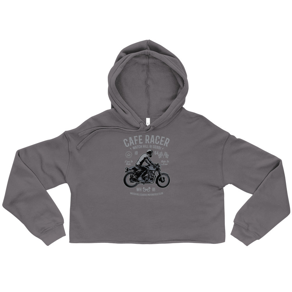 Watchill’n ‘Cafe Racer’ - Women's Cropped Fleece Hoodie (Grey) - Watch Hill RI t-shirts with vintage surfing and motorcycle designs.