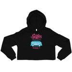 Watchill'n 'Team Surfer' - Women's Cropped Fleece Hoodie (Pink/Turquoise) - Watch Hill RI t-shirts with vintage surfing and motorcycle designs.