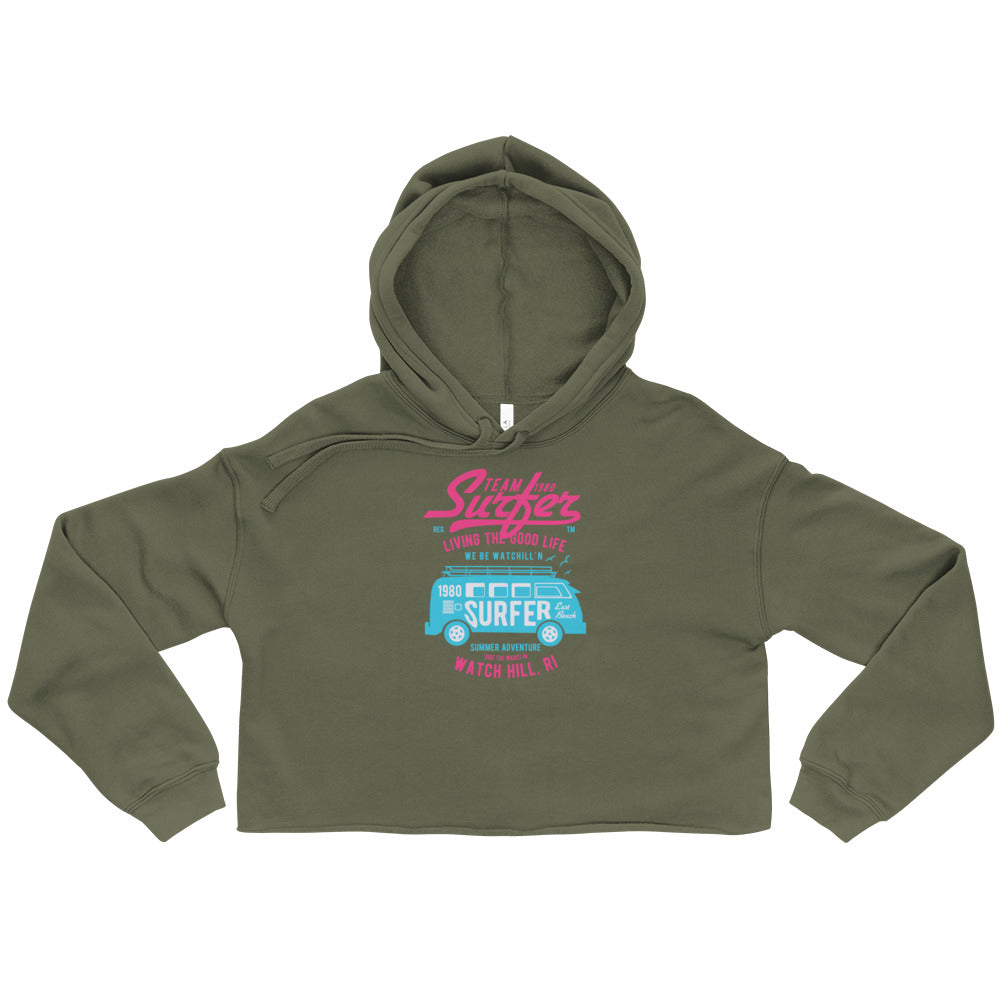 Watchill'n 'Team Surfer' - Women's Cropped Fleece Hoodie (Pink/Turquoise) - Watch Hill RI t-shirts with vintage surfing and motorcycle designs.