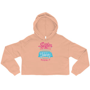 Watchill'n 'Team Surfer' - Women's Cropped Fleece Hoodie (Pink/Turquoise) - Watch Hill RI t-shirts with vintage surfing and motorcycle designs.