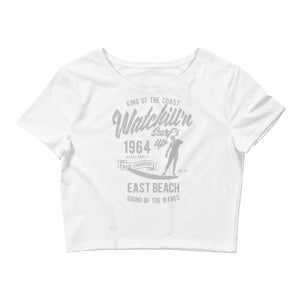 Watchill'n 'Surf's Up' - Women’s Crop Tee (Grey) - Watch Hill RI t-shirts with vintage surfing and motorcycle designs.