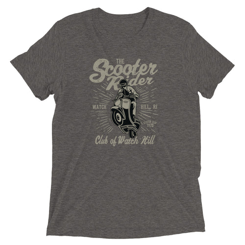 Watchill’n ‘Scooter Rider’ Unisex Short Sleeve t-shirt (Grey/Black) - Watch Hill RI t-shirts with vintage surfing and motorcycle designs.