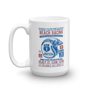 Watchill'n 'Beach Racing' Ceramic Mug - (Blue/Rust) - Watch Hill RI t-shirts with vintage surfing and motorcycle designs.