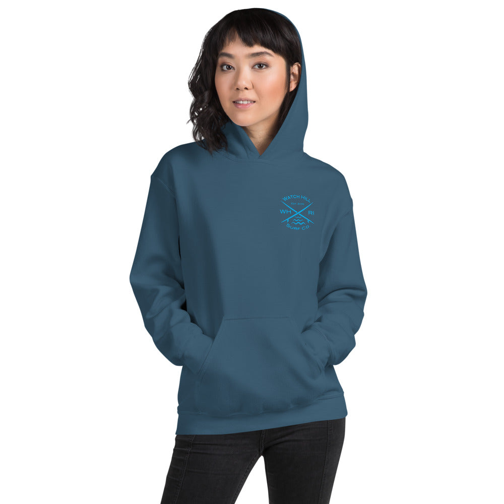 Watch Hill 'Surf Co.’ Unisex Hoodie (Blue) - Watch Hill RI t-shirts with vintage surfing and motorcycle designs.
