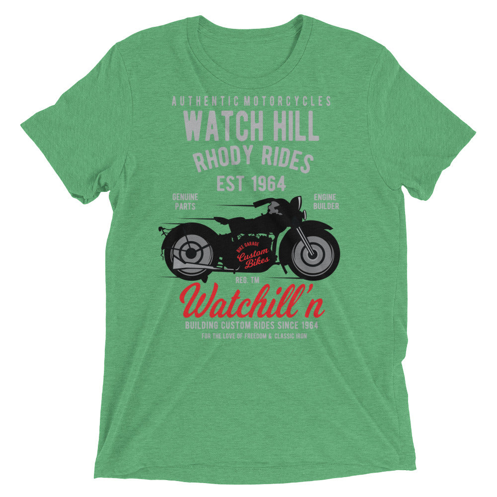 Watchill’n ‘Rhody Rides’ Unisex Short sleeve t-shirt (Grey/Red) - Watchill'n