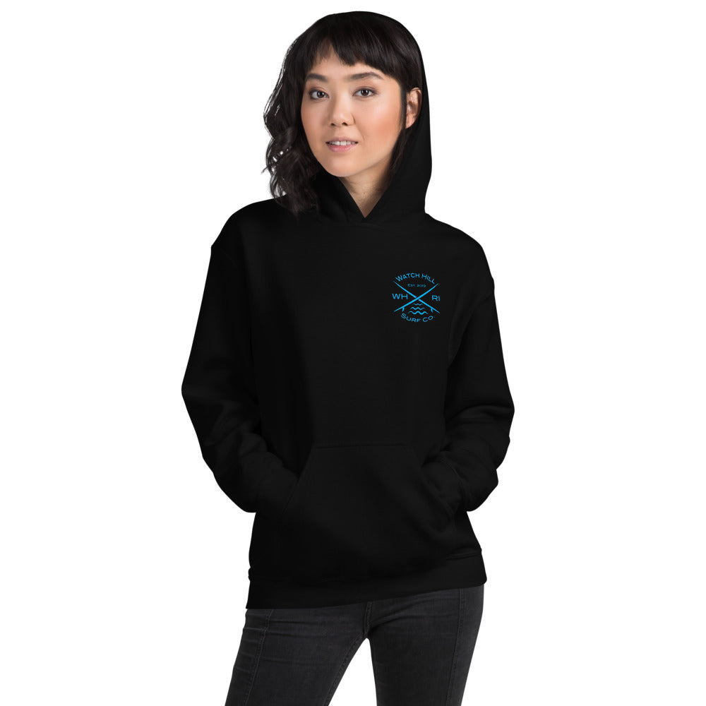 Watch Hill 'Surf Co.’ Unisex Hoodie (Blue) - Watch Hill RI t-shirts with vintage surfing and motorcycle designs.