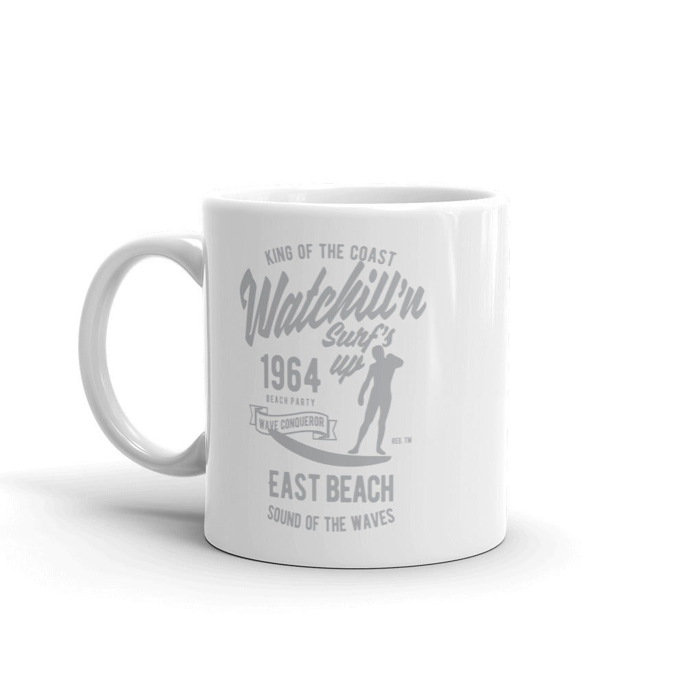 Watchill'n 'Surfs Up' Ceramic Mug - (Grey) - Watch Hill RI t-shirts with vintage surfing and motorcycle designs.