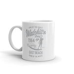 Watchill'n 'Surfs Up' Ceramic Mug - (Grey) - Watch Hill RI t-shirts with vintage surfing and motorcycle designs.