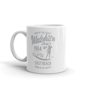Watchill'n 'Surfs Up' Ceramic Mug - (Grey) - Watch Hill RI t-shirts with vintage surfing and motorcycle designs.