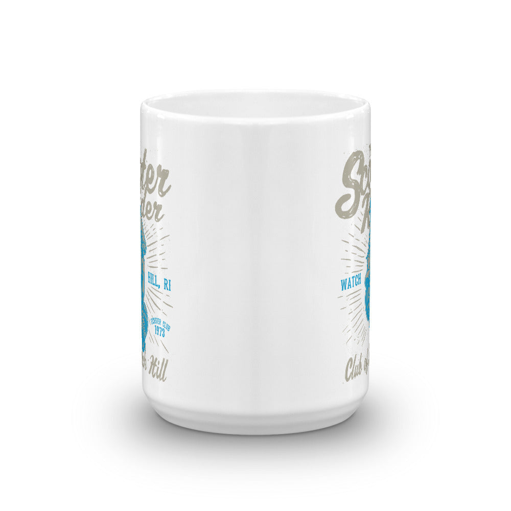 Watchill’n ‘Scooter Rider’ Ceramic Mugs in 11oz. or 15oz. (Grey/Cyan) - Watch Hill RI t-shirts with vintage surfing and motorcycle designs.