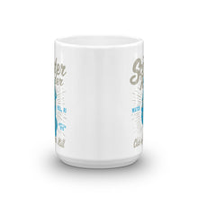 Load image into Gallery viewer, Watchill’n ‘Scooter Rider’ Ceramic Mugs in 11oz. or 15oz. (Grey/Cyan) - Watch Hill RI t-shirts with vintage surfing and motorcycle designs.