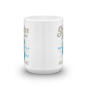 Watchill’n ‘Scooter Rider’ Ceramic Mugs in 11oz. or 15oz. (Grey/Cyan) - Watch Hill RI t-shirts with vintage surfing and motorcycle designs.