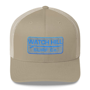 Watch Hill Surf Co. 'Patch Logo' Trucker Cap (Grey/Cyan) - Watch Hill RI t-shirts with vintage surfing and motorcycle designs.