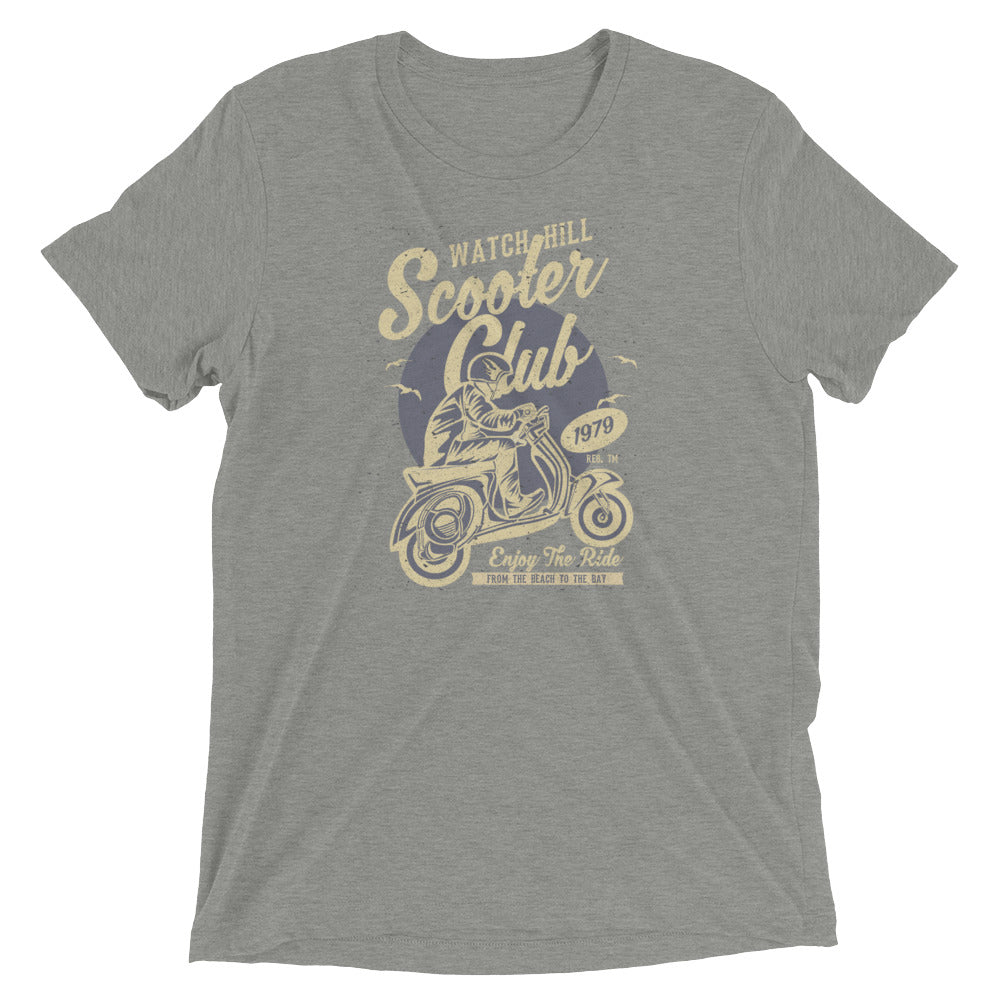 Watchill’n ‘Scooter Club’ Unisex Short Sleeve t-shirt (Creme/Grey) - Watch Hill RI t-shirts with vintage surfing and motorcycle designs.