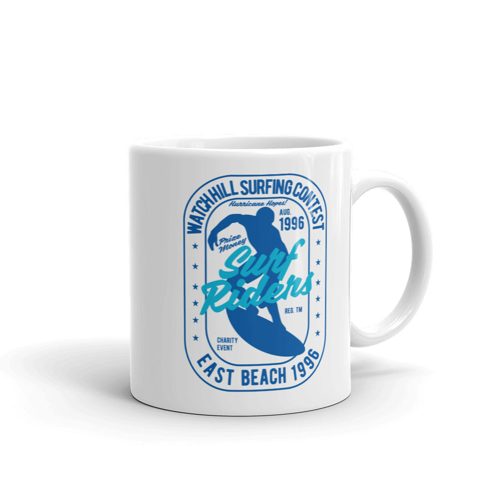 Watchill'n 'Surf RIder' Ceramic Mug - (Navy/Turquoise) - Watch Hill RI t-shirts with vintage surfing and motorcycle designs.