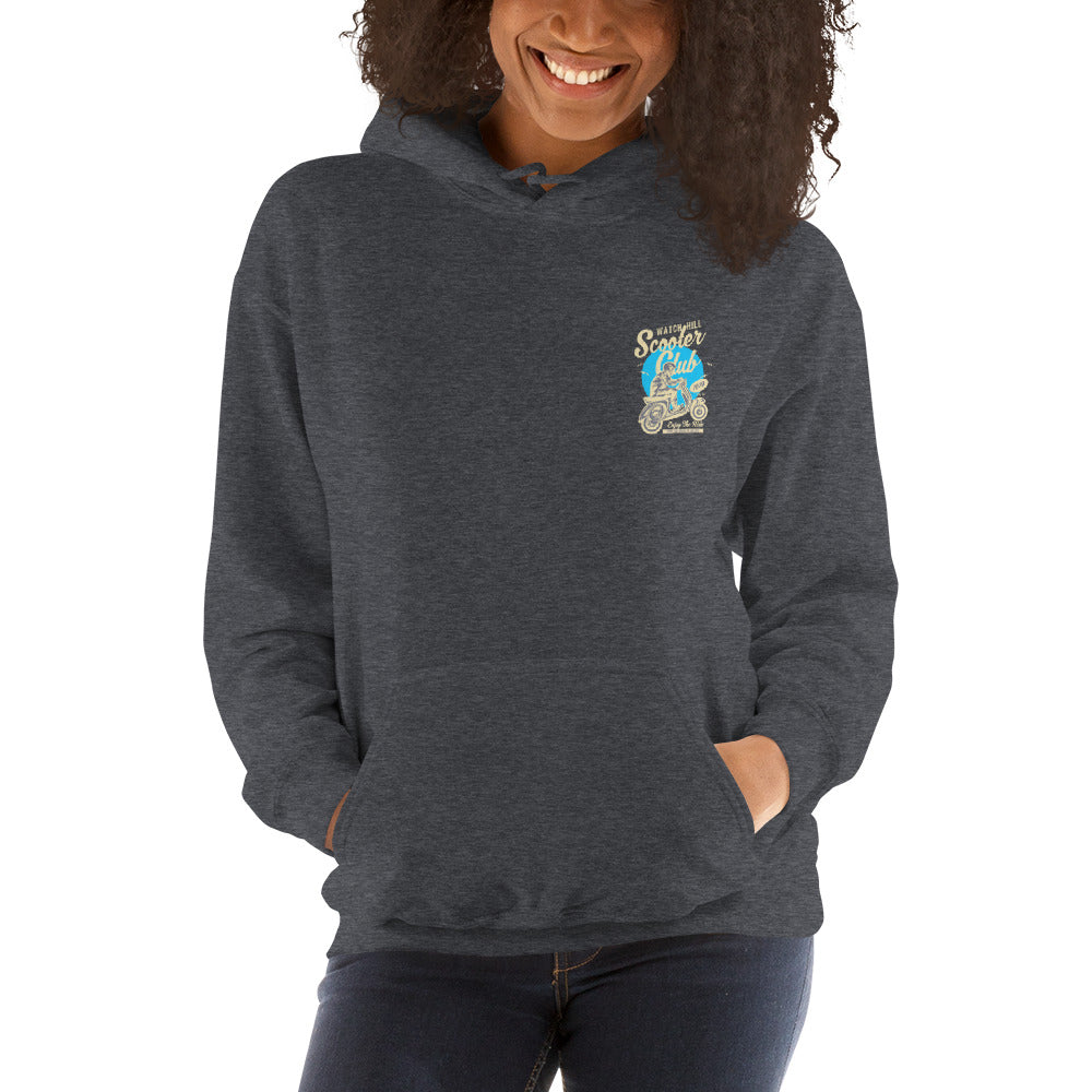 Watchill’n ‘Scooter Club’ Unisex Hoodie (Creme/Cyan) - Watch Hill RI t-shirts with vintage surfing and motorcycle designs.