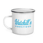 Watchill'n 'Coordinates' Enamel Mug (Cyan) - Watch Hill RI t-shirts with vintage surfing and motorcycle designs.