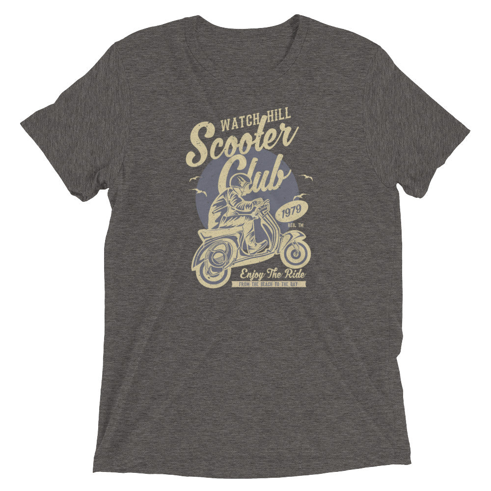 Watchill’n ‘Scooter Club’ Unisex Short Sleeve t-shirt (Creme/Grey) - Watch Hill RI t-shirts with vintage surfing and motorcycle designs.