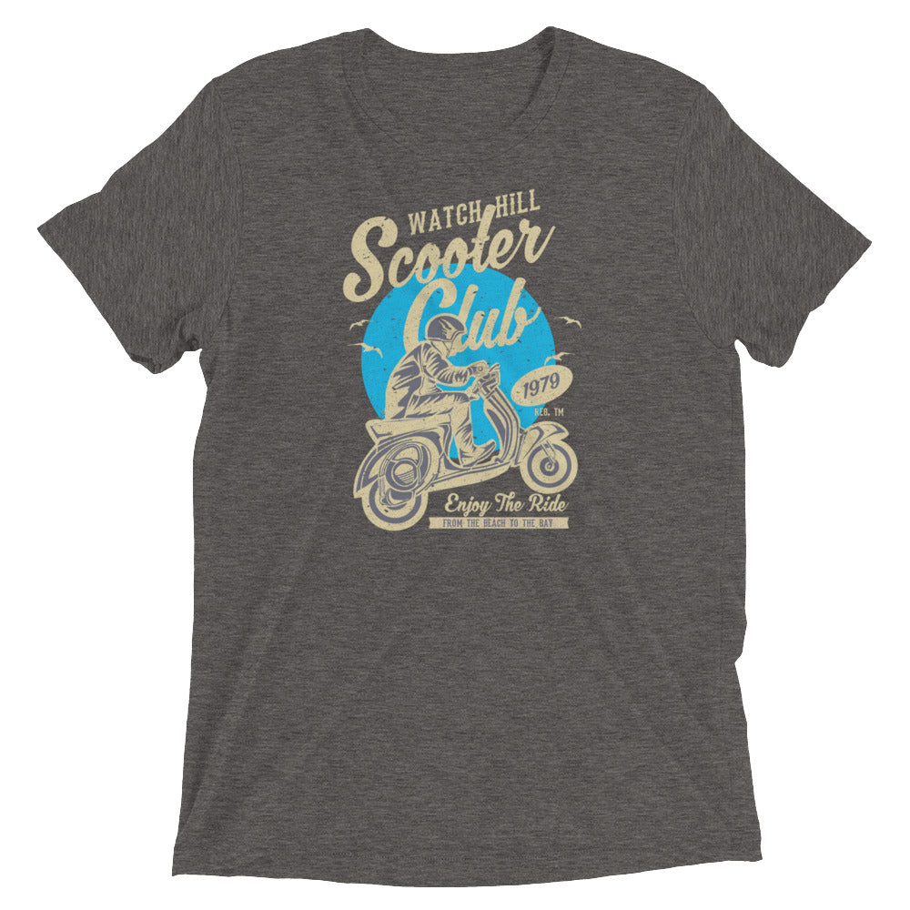 Watchill’n ‘Scooter Club’ Unisex Short Sleeve t-shirt (Creme/Cyan) - Watch Hill RI t-shirts with vintage surfing and motorcycle designs.