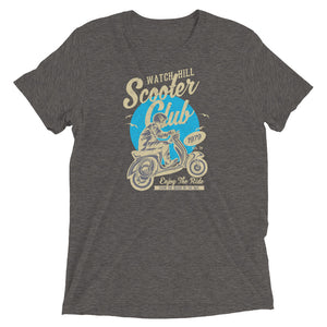 Watchill’n ‘Scooter Club’ Unisex Short Sleeve t-shirt (Creme/Cyan) - Watch Hill RI t-shirts with vintage surfing and motorcycle designs.