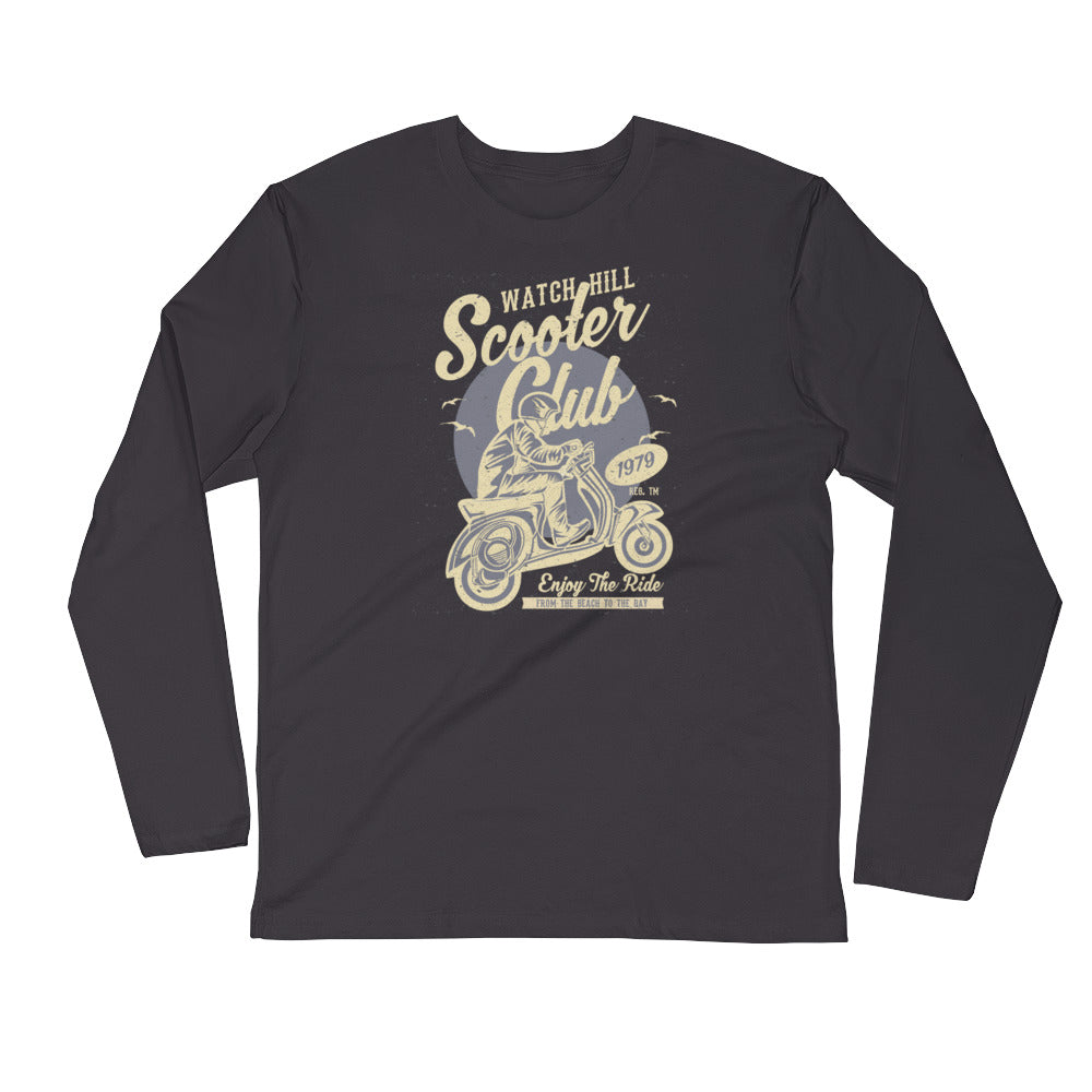 Watchill’n ‘Scooter Rider’ Premium Long Sleeve Fitted Crew (Tan/Grey) - Watch Hill RI t-shirts with vintage surfing and motorcycle designs.