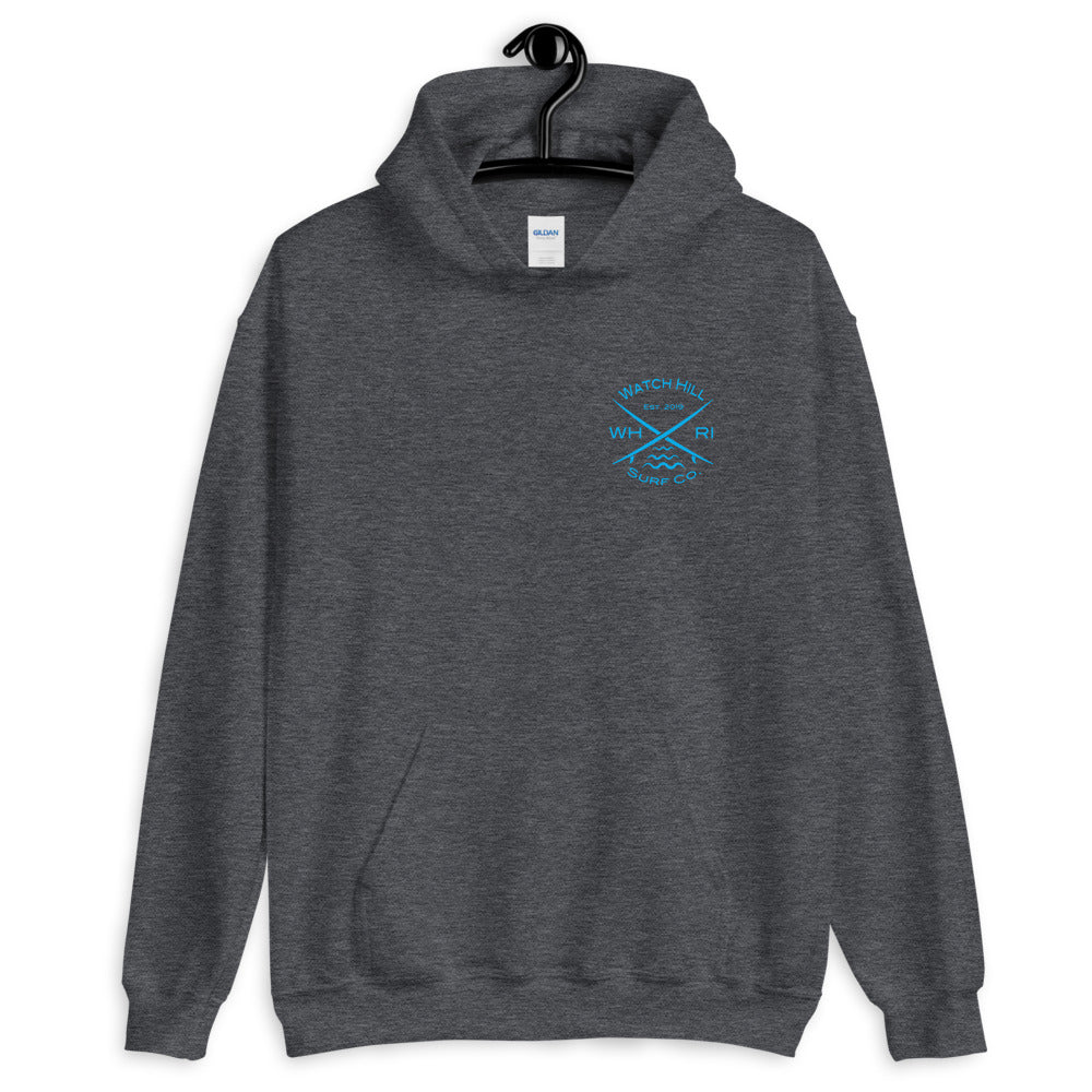 Watch Hill 'Surf Co.’ Unisex Hoodie (Blue) - Watch Hill RI t-shirts with vintage surfing and motorcycle designs.