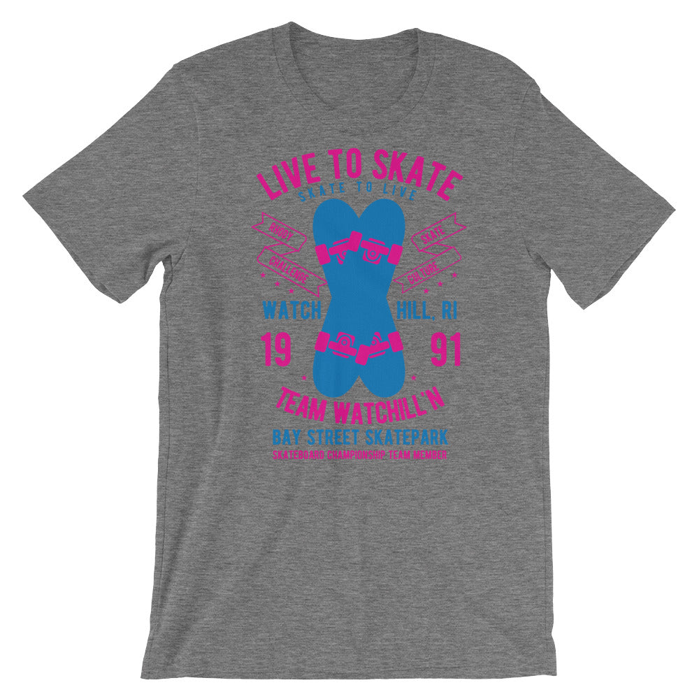 Watchill'n 'Live to Skate' - Short-Sleeve Unisex T-Shirt (Pink/Blue) - Watchill'n
