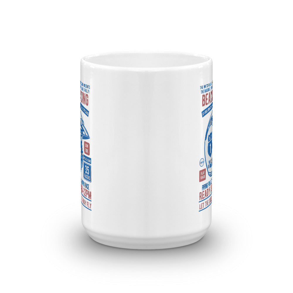 Watchill'n 'Beach Racing' Ceramic Mug - (Blue/Rust) - Watch Hill RI t-shirts with vintage surfing and motorcycle designs.