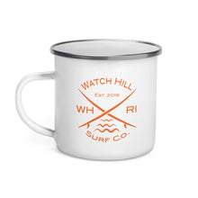 Load image into Gallery viewer, Watch Hill Surf Co. &#39;Crossed Boards&#39; Enamel Mug (Orange) - Watch Hill RI t-shirts with vintage surfing and motorcycle designs.