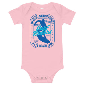 Watchill'n 'Surf Rider' - Baby Jersey Short Sleeve One Piece (Blue) - Watch Hill RI t-shirts with vintage surfing and motorcycle designs.