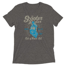 Load image into Gallery viewer, Watchill’n ‘Scooter Rider’ Unisex Short Sleeve t-shirt (Grey/Cyan) - Watch Hill RI t-shirts with vintage surfing and motorcycle designs.