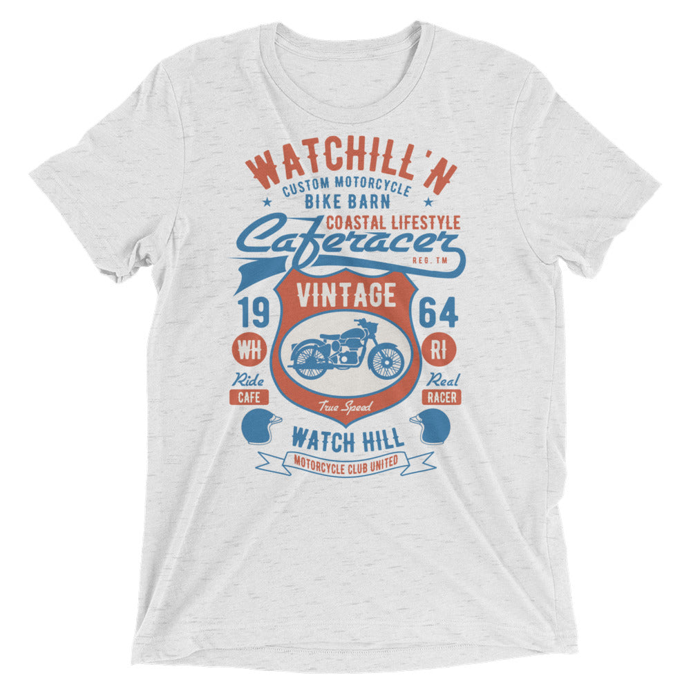 Watchill’n ‘Bike Barn’ Unisex Short sleeve t-shirt (Rust/Lt Blue) - Watchill'n