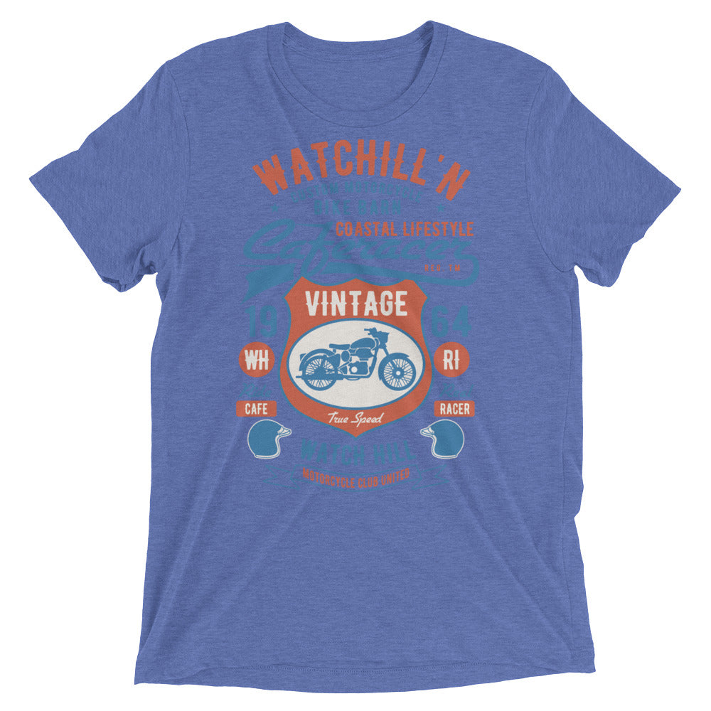 Watchill’n ‘Bike Barn’ Unisex Short sleeve t-shirt (Rust/Lt Blue) - Watchill'n