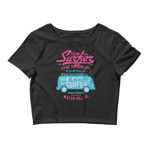 Watchill'n 'Team Surfer' - Women’s Crop Tee (Pink/Cyan) - Watch Hill RI t-shirts with vintage surfing and motorcycle designs.