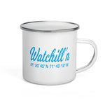 Watchill'n 'Coordinates' Enamel Mug (Cyan) - Watch Hill RI t-shirts with vintage surfing and motorcycle designs.