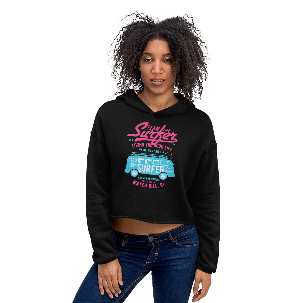 Watchill'n 'Team Surfer' - Women's Cropped Fleece Hoodie (Pink/Turquoise) - Watch Hill RI t-shirts with vintage surfing and motorcycle designs.