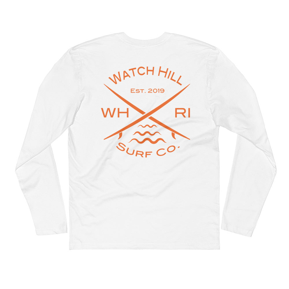 Watch Hill 'Surf Co.’ Premium Long Sleeve Fitted Crew (Orange) - Watch Hill RI t-shirts with vintage surfing and motorcycle designs.