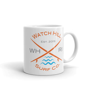 Watch Hill ‘Surf Co.’ Ceramic Mugs in 11oz. or 15oz. (Orange/Grey/Cyan) - Watch Hill RI t-shirts with vintage surfing and motorcycle designs.