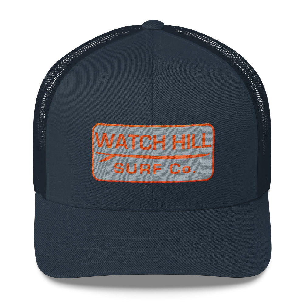 Watch Hill Surf Co. 'Patch Logo' Trucker Cap (Grey/Orange) - Watch Hill RI t-shirts with vintage surfing and motorcycle designs.