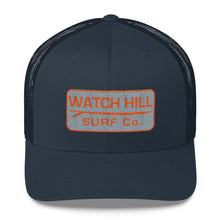 Load image into Gallery viewer, Watch Hill Surf Co. &#39;Patch Logo&#39; Trucker Cap (Grey/Orange) - Watch Hill RI t-shirts with vintage surfing and motorcycle designs.