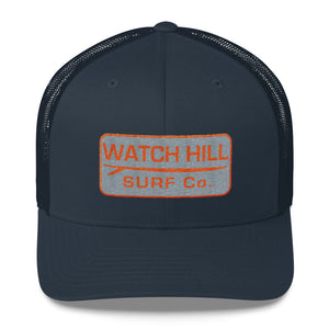 Watch Hill Surf Co. 'Patch Logo' Trucker Cap (Grey/Orange) - Watch Hill RI t-shirts with vintage surfing and motorcycle designs.