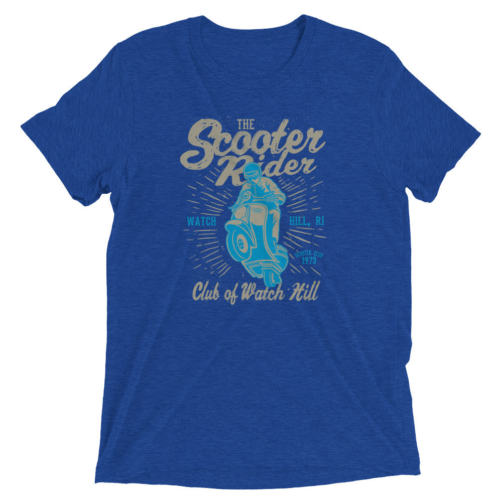 Watchill’n ‘Scooter Rider’ Unisex Short Sleeve t-shirt (Grey/Cyan) - Watch Hill RI t-shirts with vintage surfing and motorcycle designs.