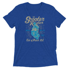 Load image into Gallery viewer, Watchill’n ‘Scooter Rider’ Unisex Short Sleeve t-shirt (Grey/Cyan) - Watch Hill RI t-shirts with vintage surfing and motorcycle designs.