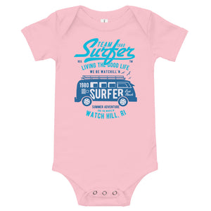 Watchill'n 'Team Surfer' - Baby Jersey Short Sleeve One Piece (Cyan) - Watch Hill RI t-shirts with vintage surfing and motorcycle designs.