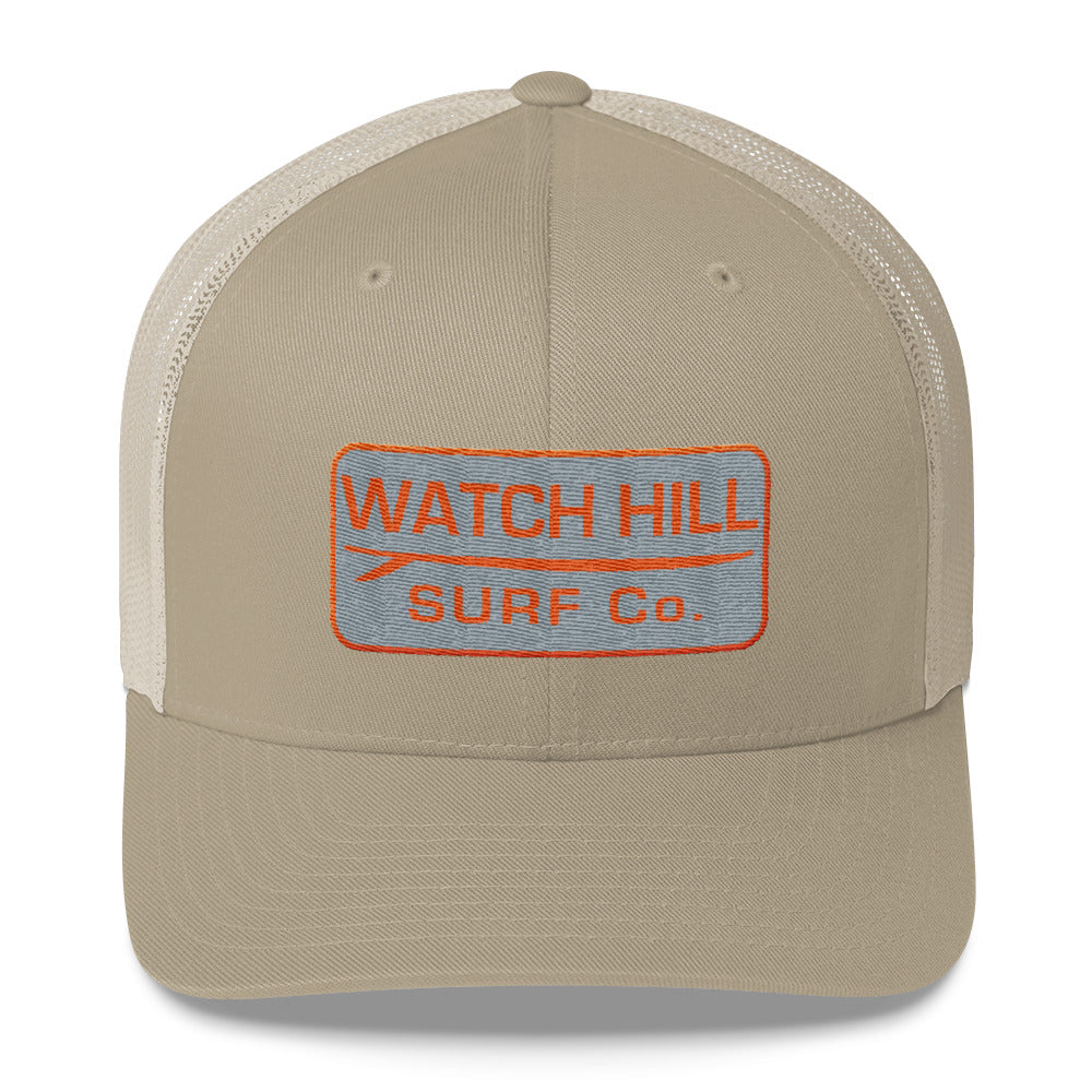Watch Hill Surf Co. 'Patch Logo' Trucker Cap (Grey/Orange) - Watch Hill RI t-shirts with vintage surfing and motorcycle designs.