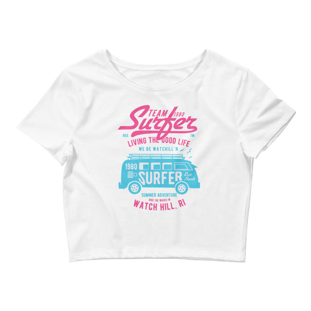 Watchill'n 'Team Surfer' - Women’s Crop Tee (Pink/Cyan) - Watch Hill RI t-shirts with vintage surfing and motorcycle designs.