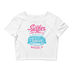 Watchill'n 'Team Surfer' - Women’s Crop Tee (Pink/Cyan) - Watch Hill RI t-shirts with vintage surfing and motorcycle designs.